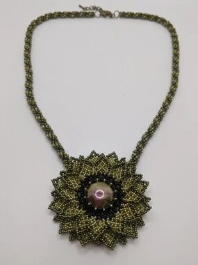 Olive Green Beaded Sunflower Pendant Necklace - Women Jewelry